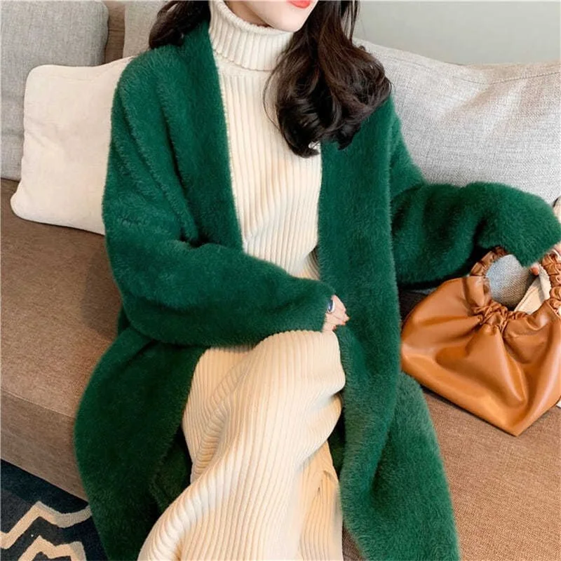 Long Sweater Coat Women's Autumn Winter Long Imitation Mink Velvet Knitted Cardigan Jacket Loose Thicken Lazy Style Knit Sweater