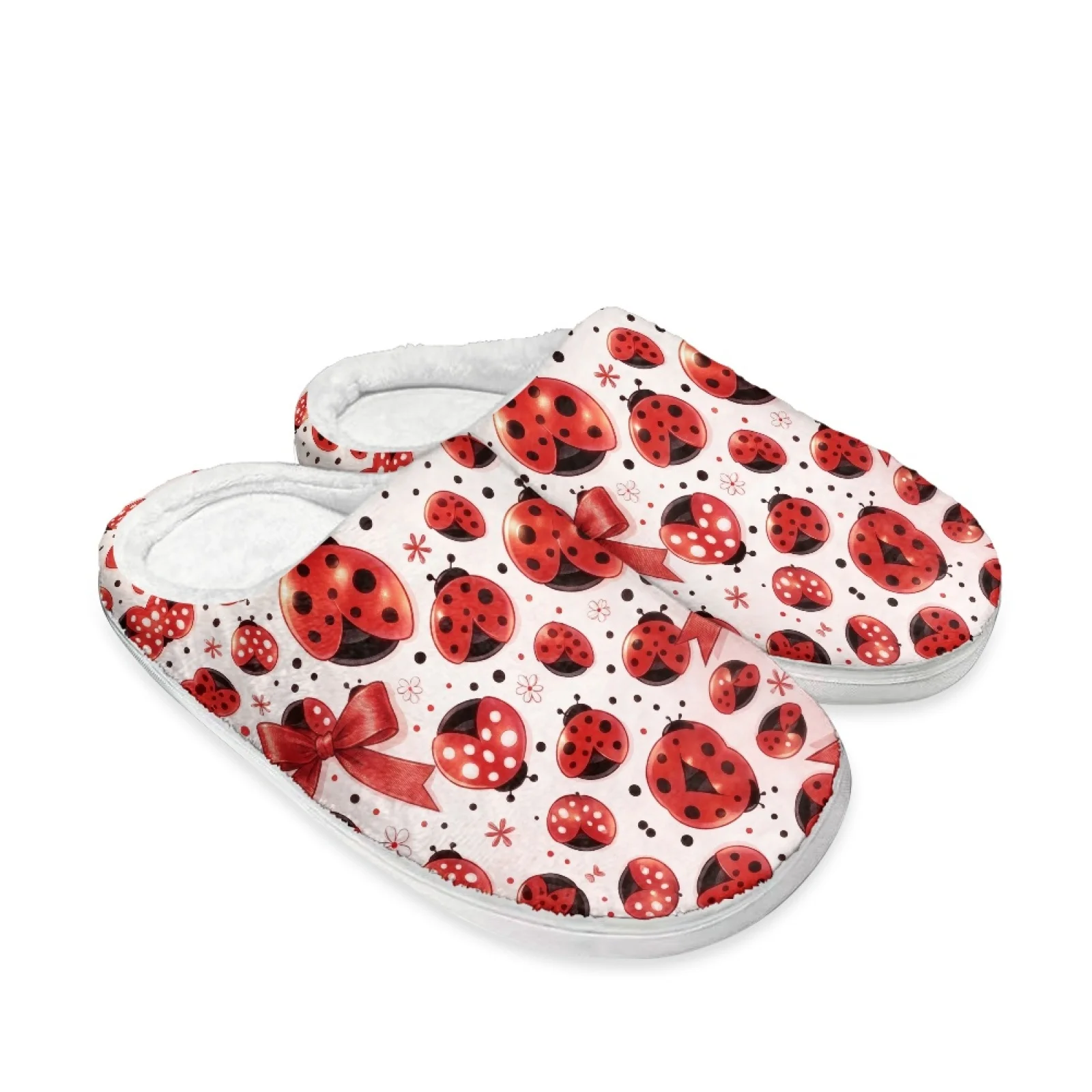PENSTROLL Red Ladybug Print Full Toe Fleece Slippers Home Shoes Wfh Cozy Essentials Slippers Cozy Slides For Healthcare Workers