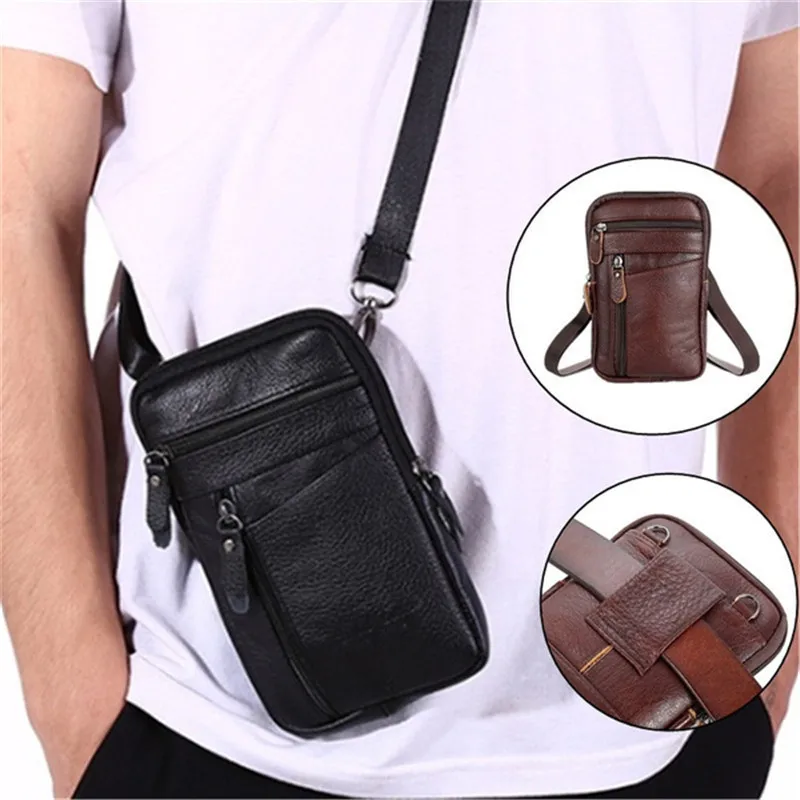 

Men Leather Waist Bag Mobile Phone Shoulder Bag Waist Belt Bag Outdoor Sport One Shoulder Small Bag Business Crossbody Bags Gift