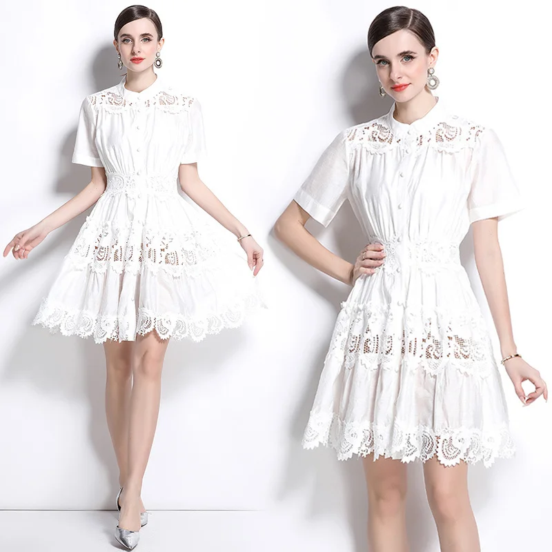 Elegante avondjurk voor dames, formele gelegenheid, zomer, gehaakt, uitgehold borduurwerk, korte mouwen, witte kanten katoenen voeringjurken