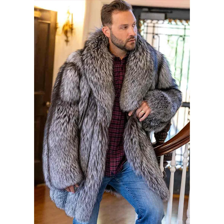 Silver Fox Fur Mens Coat Real Fur Coat Long Fox Fur Coats Winter Men\'s Jackets 2024 High Quality Luxury