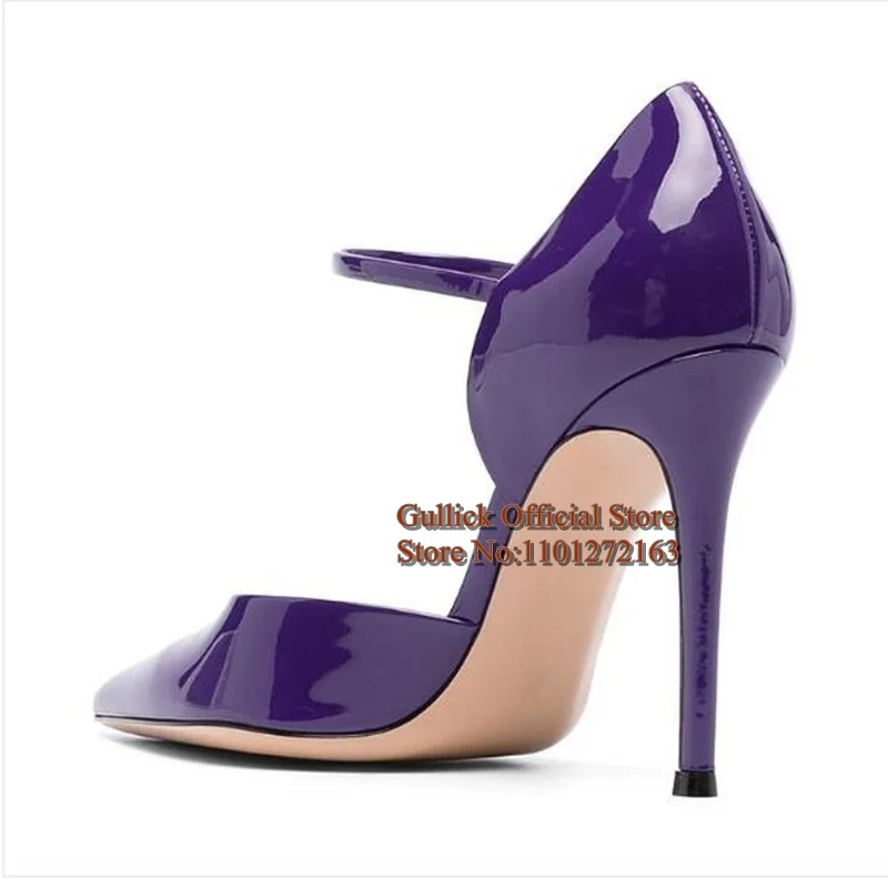Ankle Strap Purple Patent Leather Pointed Toe High Heel Pumps 12CM Stiletto High Heels Shallow Banquet Dress Shoes Size 45