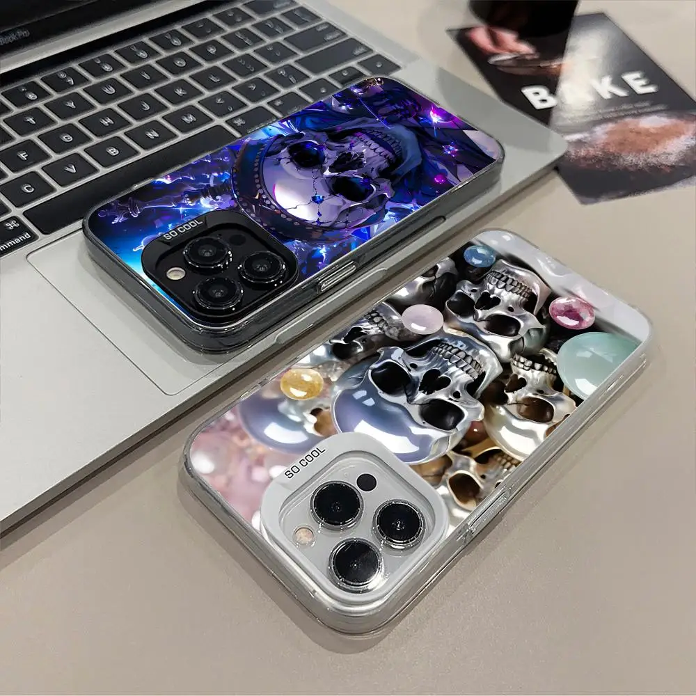

Чехол для мобильного телефона с серебряным черепом для iPhone 17, 16, 15, 14, 13, 12, 11 X XR XS 8 7 Pro Max Plus, полупрозрачный цветной чехол