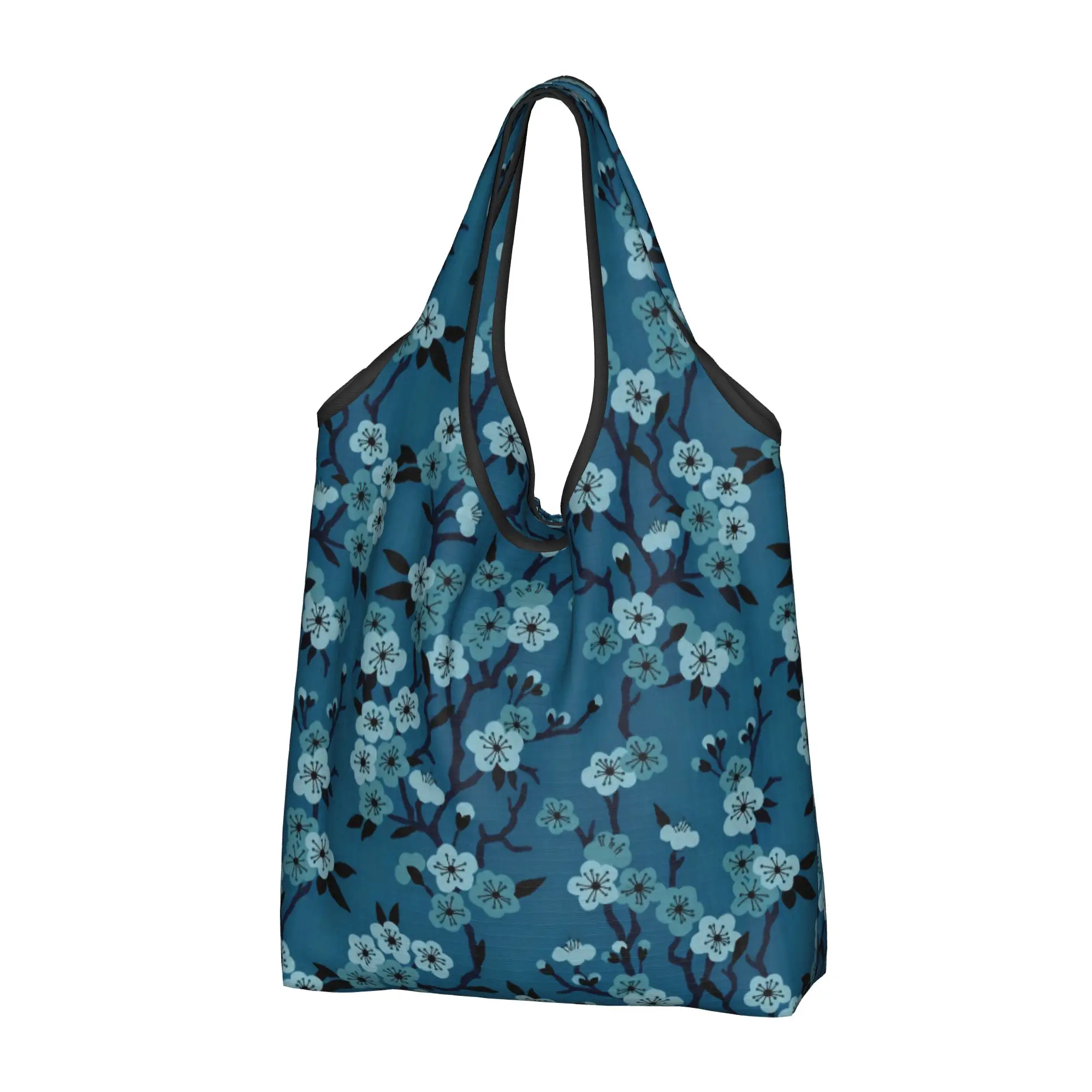 Recycling Cherry Blossom Japane Floral  Shopping Bag Women Tote Bag Portable Delft Blue Blue Flower Groceries Shopper Bags