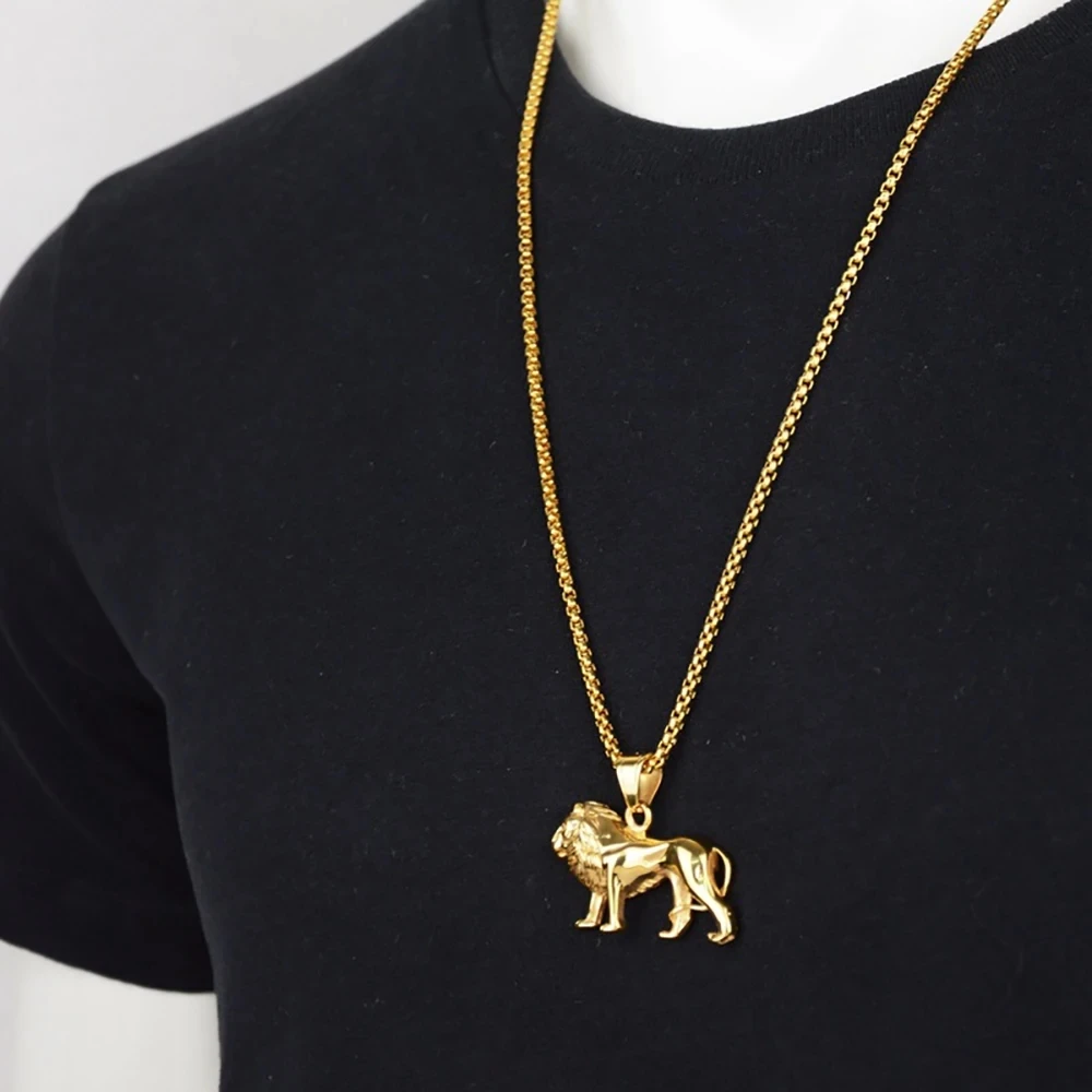 Stainless Steel Lion Necklace for Women/Men,Gold Color Lions Head Pendant Animal Jewelry,Africa Lion Ethiopian Best Gift