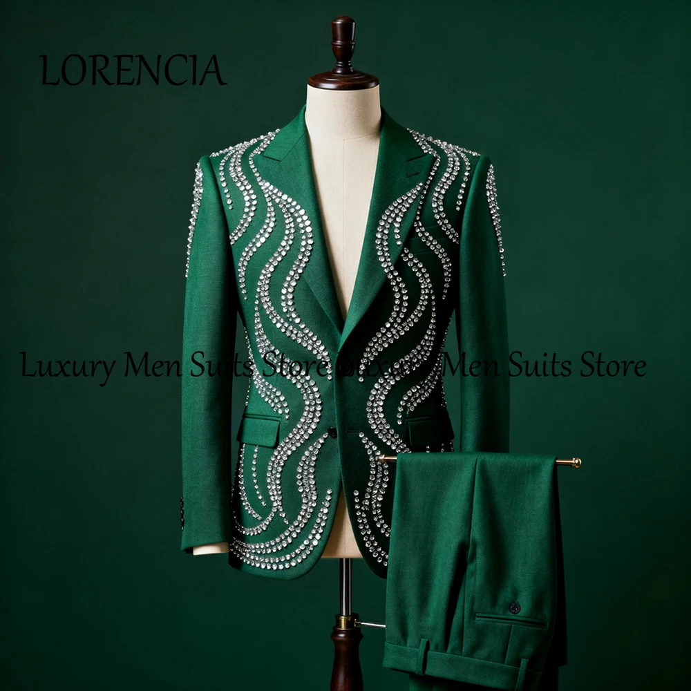 

Classic Rhinestone Men Suits 2 Pieces Flat Collar Tuxedos Set Wedding Party Outfits Customized Blazer Pants trajes para hombre