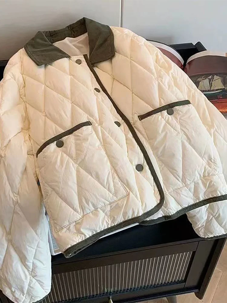 

Korean Sle ort Cotton Jaet 2026 Color Blo Diamond Design Turn-down Collar Winter Cotton Coat Women's Faion
