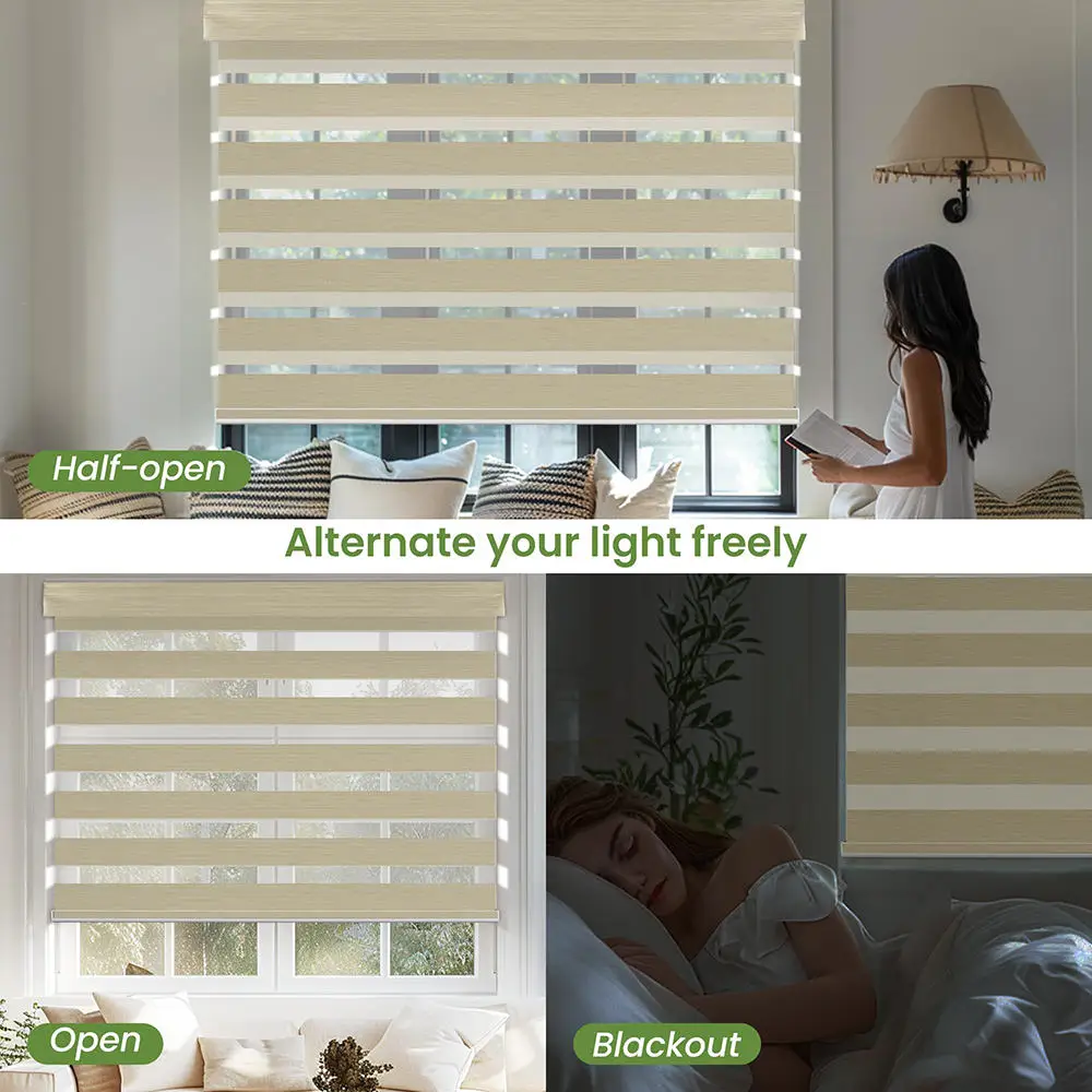 Stick & Install No Drill Zebra Blinds, Waterproof Anti-Mold Light Filtering Privacy Blinds for Kitchen Bathroom