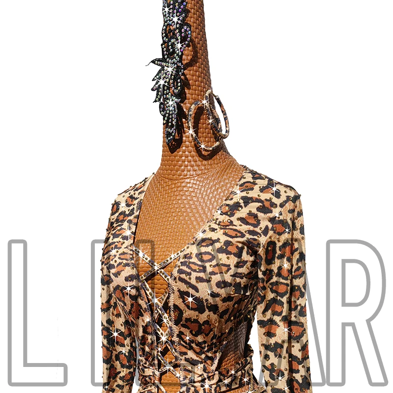 New Latin Dance Dress Competition Performance Adult Leopard Print Two-Color Fringe Flash Diamond Long Sleeve Dance Dress