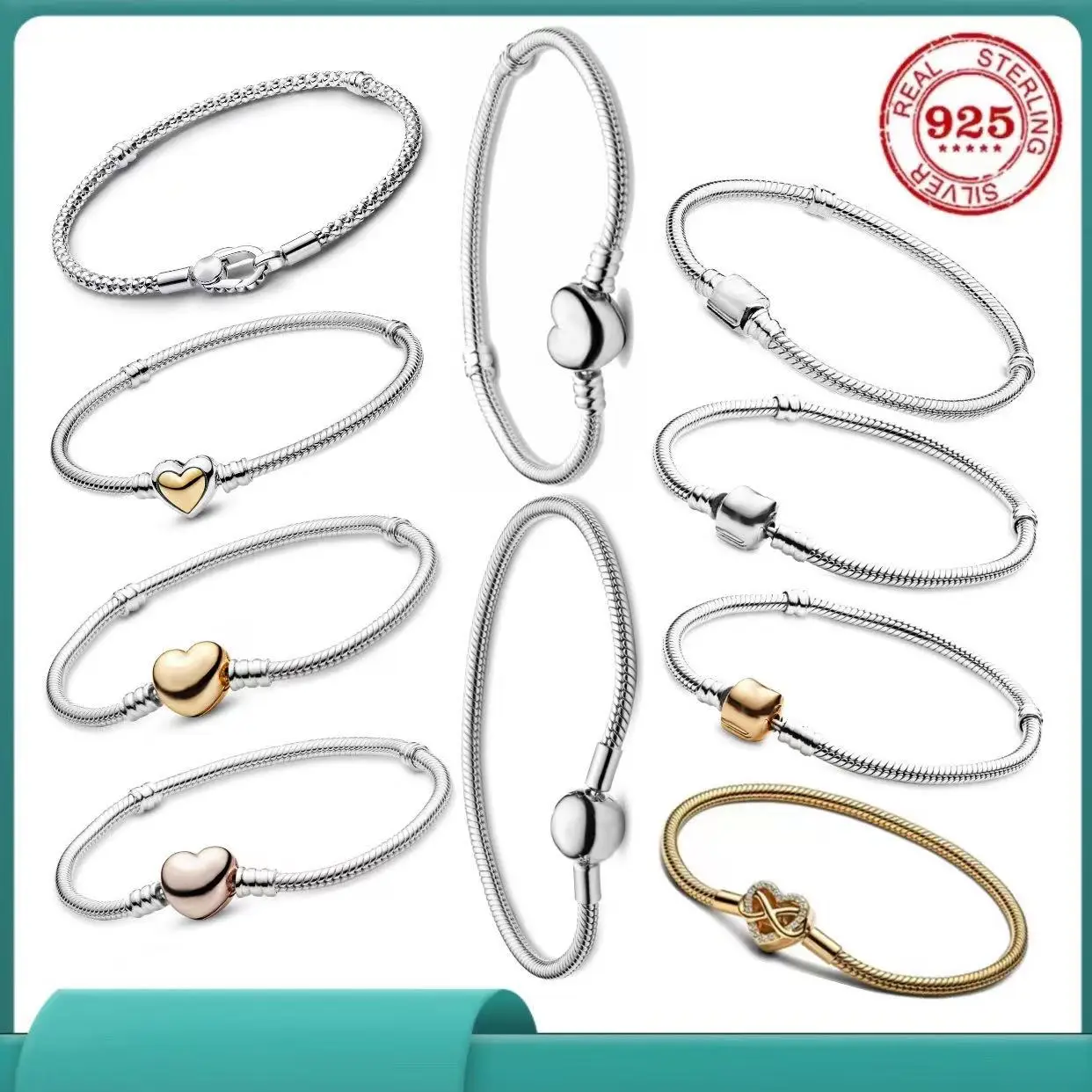 Hot-selling Classic 100%925 Sterling Silver Square And Heart Shape Snake Chain Bracelets For Women's High-quality Jewelry Gifts