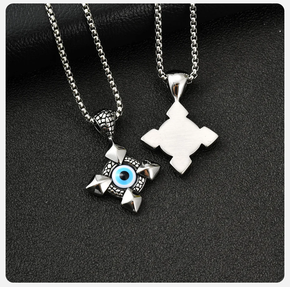 Vnox Halskette mit bösem Blick und Kreuzanhänger, Edelstahl, türkisches Nazar-Amulett, Kastenkette, Schmuck, Geschenk für Männer und Frauen, Geburtstagsfeier – Detail 6