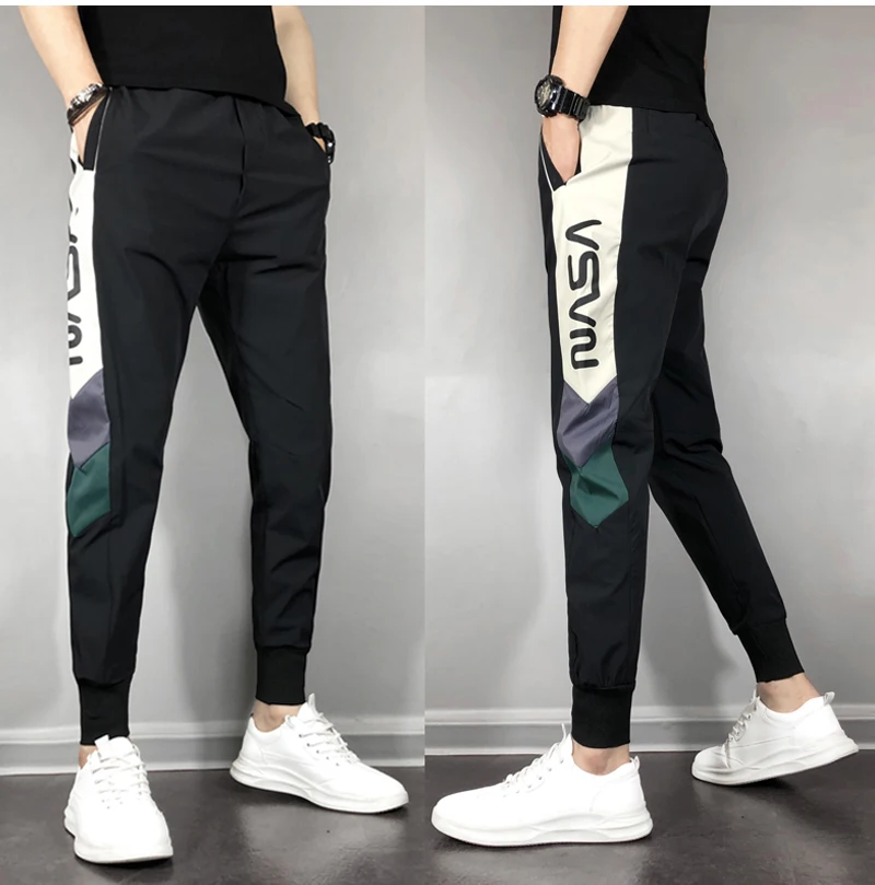 

Summer Thin Ice Silk Elastic Slim Fit Sports Pants Men's Casual Nine Point Trousers Harajuku Sle Low Waist Youth Active