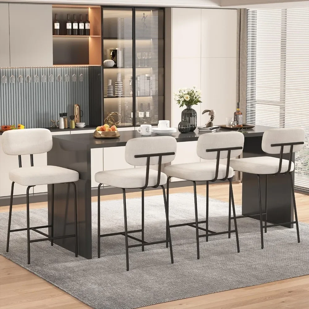 

Barstools Set of 4, 26" Modern Counter Height Barstools, Fabric Kitchen Stools with Back Wide Seat Footrest Metal Legs