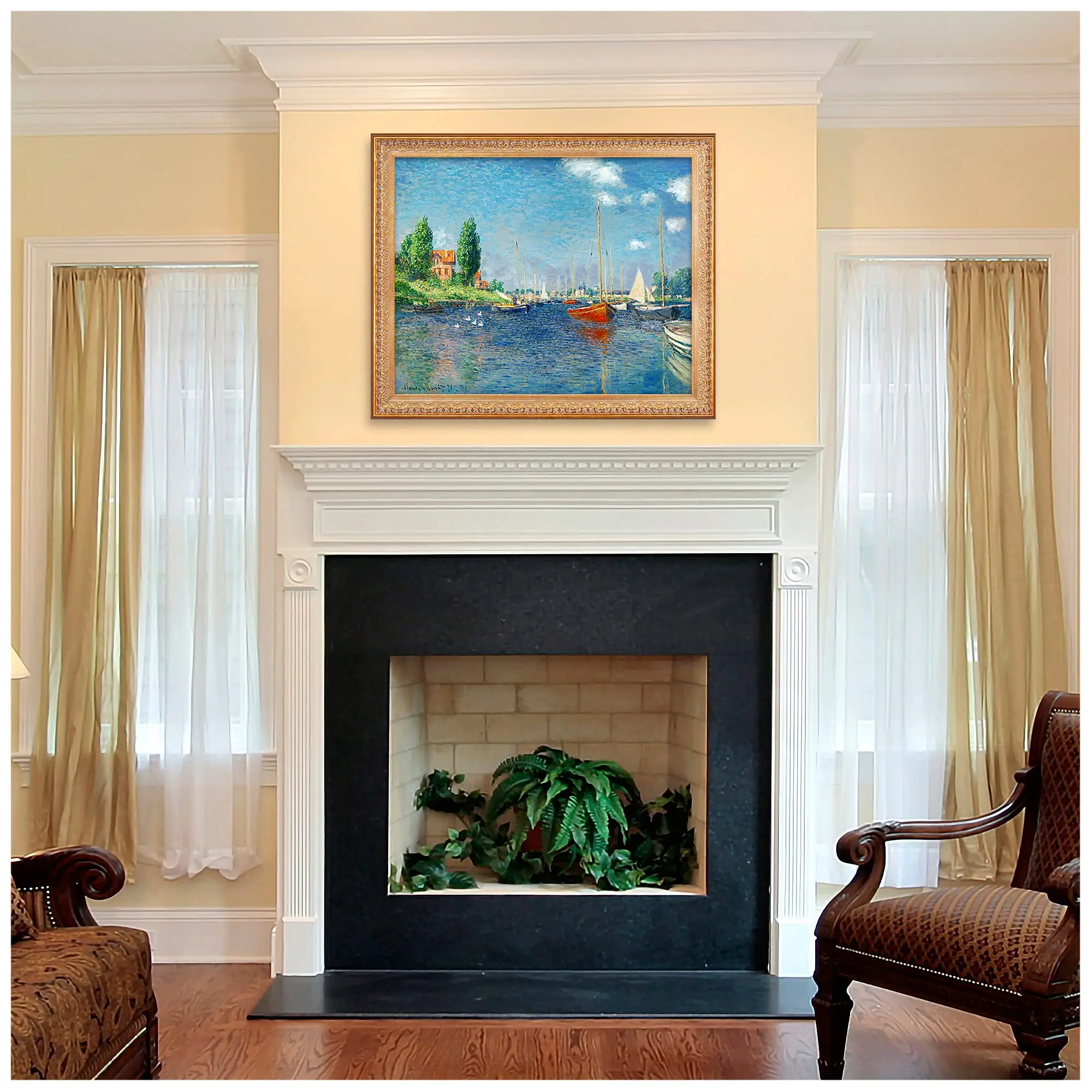 قوارب حمراء في فن جداري مطبوع عليه قماش Argenteuil، منظر طبيعي انطباعي بدون ملصق مؤطر لديكور المنزل، مشهد إبحار كلاسيكي بواسطة