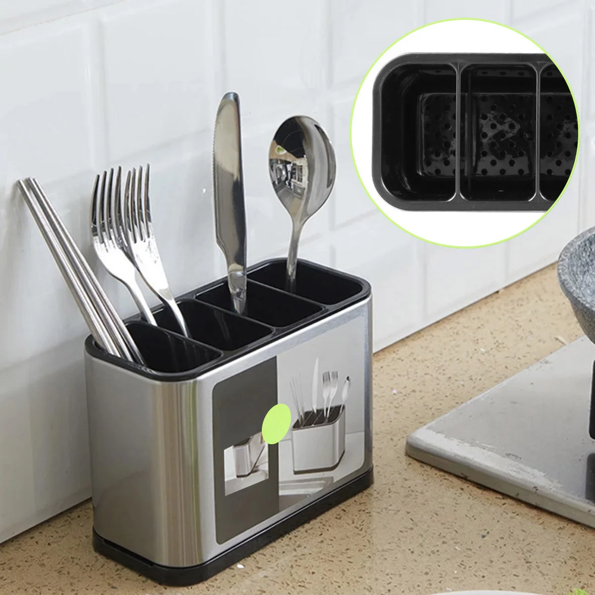 Utensil Kitchen Cutlery Holder Stainless Steel Cutlery Holder Removable Divider Utensil Knife Spoon Fork Keep Dry Storage Rack