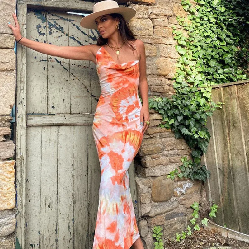 

Summer New Women's Loose Printed Dress Neck Hanging Rope Backless Long Knee-Length One-Shoulder Polyester Fiber Dress