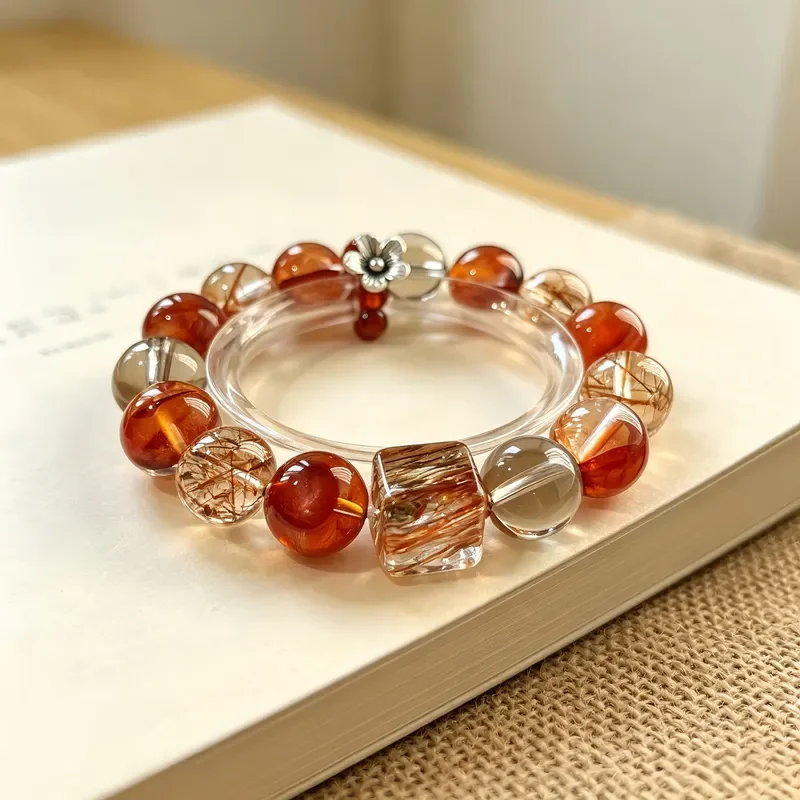 Natural red glue flower crystal bracelet light luxury retro Duobao bracelet high sense temperament versatile transfer jewelry