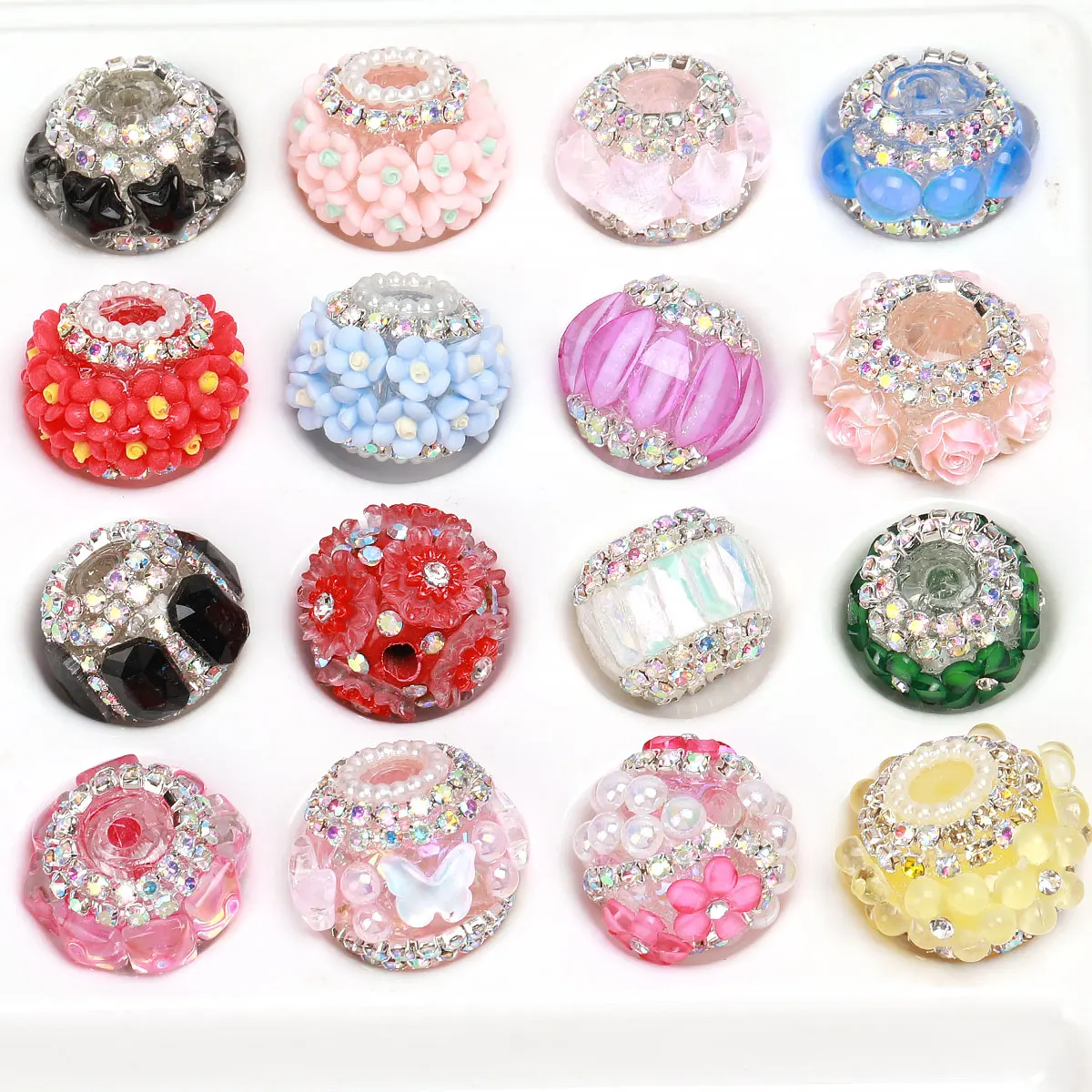 2cm/2.2cm 6pcs Random Color Mix Multicolour Many Styles Inlay Artificial Pearl Rhineston Crystal Flower Acrylic Beads For 