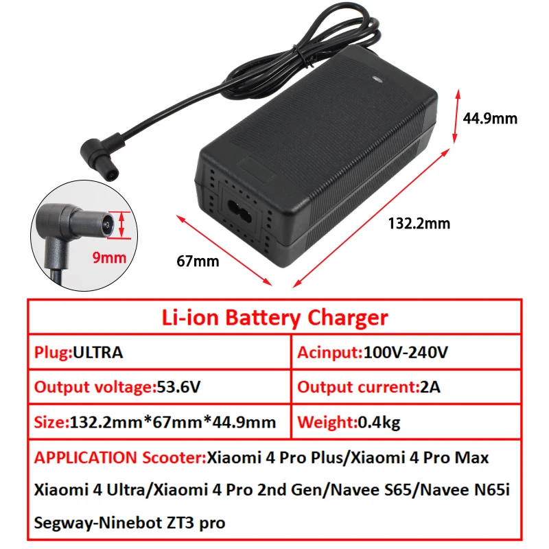 شاحن بطارية ليثيوم أيون 53.6 فولت 2 أمبير 13S 48 فولت لشاومي 4 برو plus/4pro max/Segway-ninebot ZT3 pro/Navee S65/Navee N65i/Mi4 Ultra