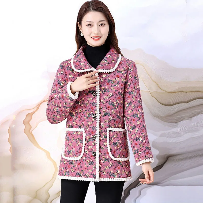 New Winter Cashmere Warm Padded Jacket Middle-Aged Women's Down Cotton Coat Printed Outerwear Casual Female Parker Overcoat 5XL