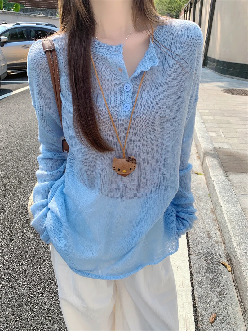 Women Rolled Edge Sweater Slightly Transparent Long Sleeve Spring Summer New Thin Loose Top