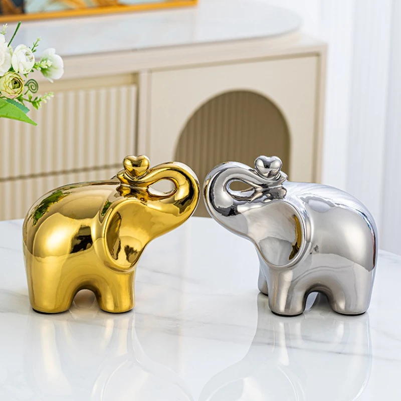1Pcs Handmade Ceramic Electroplated Elephant Statue Gold/Silver Home Decor Animal Figurine Wedding Gift Ornament Office Desk Art