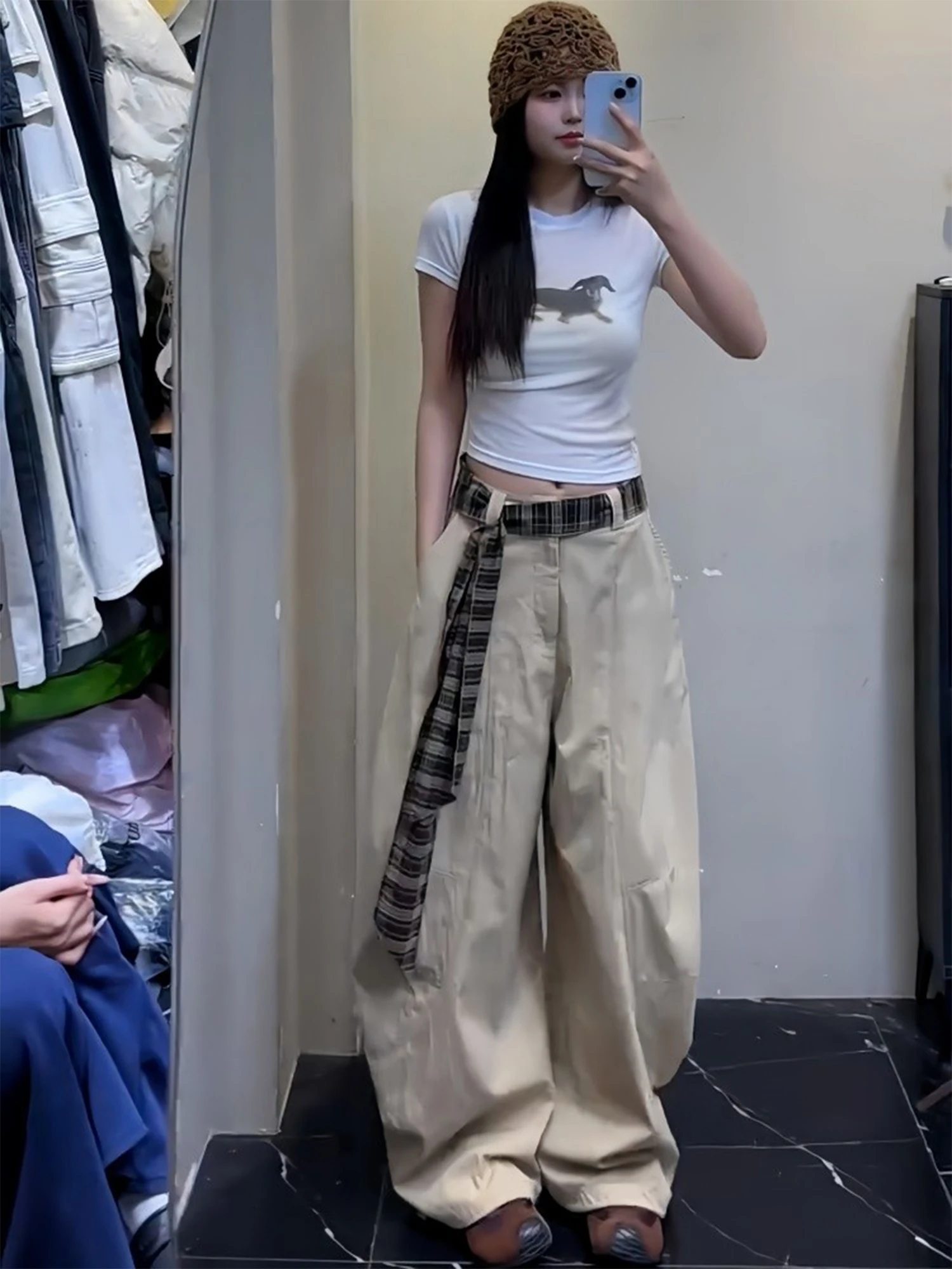 ผู้หญิงสีกากี Baggy ยาวกางเกงแฟนสไตล์กางเกง Harajuku ญี่ปุ่น 2000s สไตล์ Y2k Gyaru Vintage Oversize กางเกงเสื้อผ้า