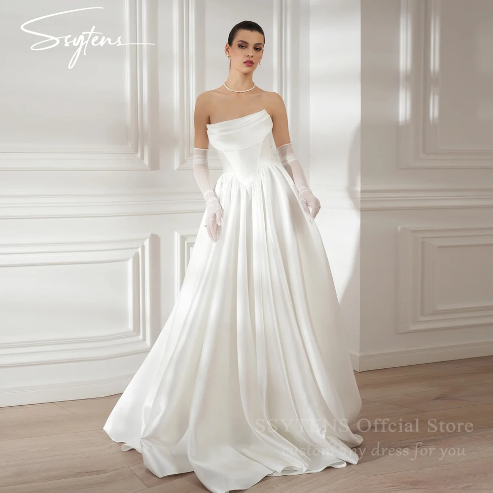

Modern Sleeveless Wedding Dresses High Quality Satin Strapless Bride Prom Gowns Floor Length Bridal Gown Dress Vestidos De Novia