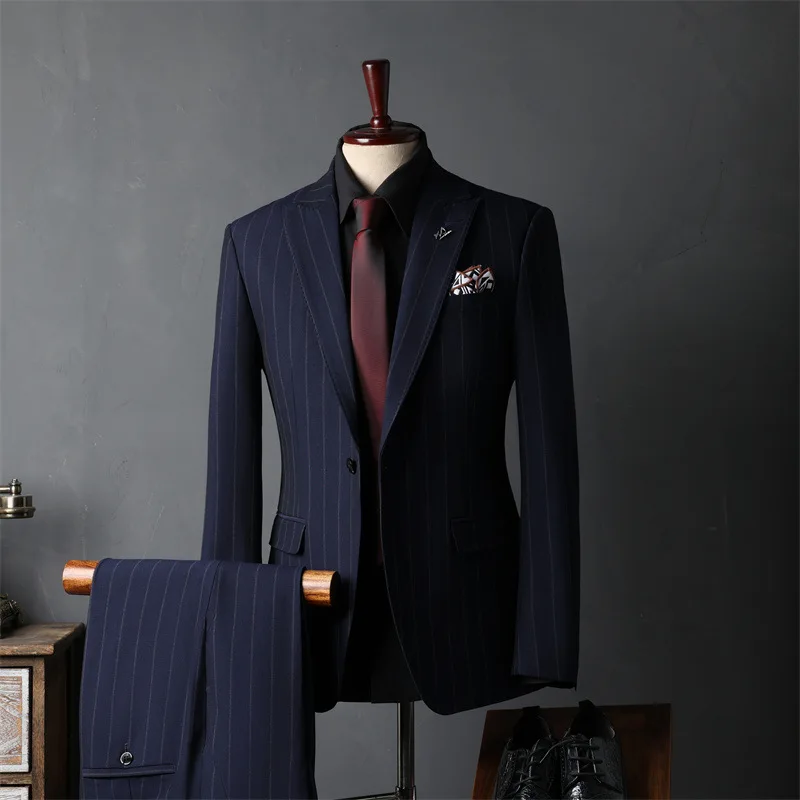 

(15) Custom-made Striped Suit for Men, Full Set of Groom's British Style Best Man Clothes, Business Wedding Men's Clothing