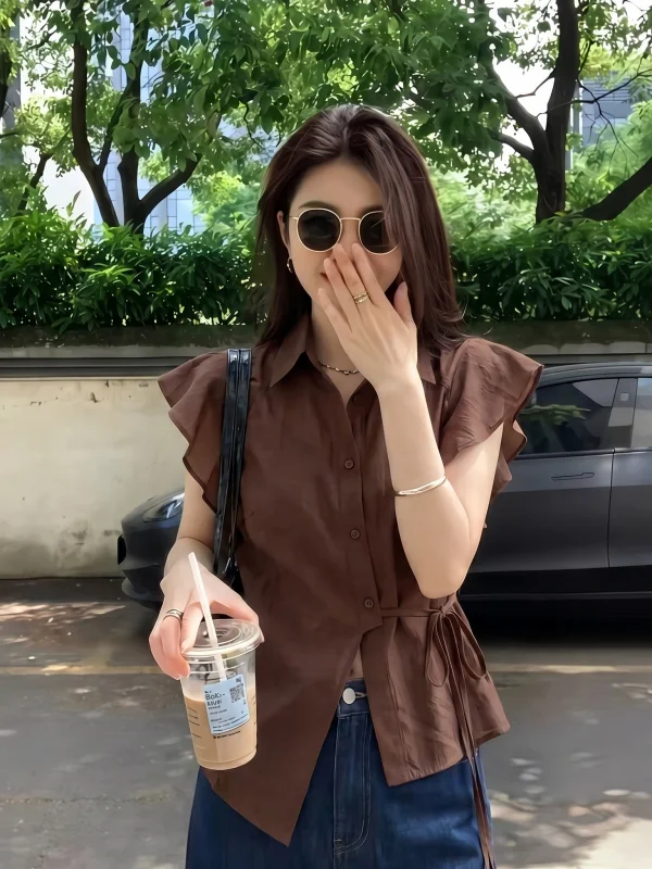 

Café Brown Chiffon Shirt Women's Summer New Style Belted Waist Tie Design Flounce Sleeve Korean Style Loose Fit Short Sleeve
