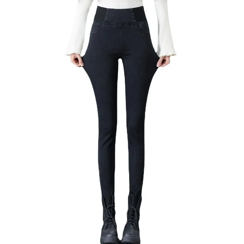 ارتفاع الخصر صوف مبطن المرأة نحيل الجينز مرونة الخصر سليم صالح السراويل الطويلة الخريف الشتاء حجم كبير سراويل تقليدية الموضة