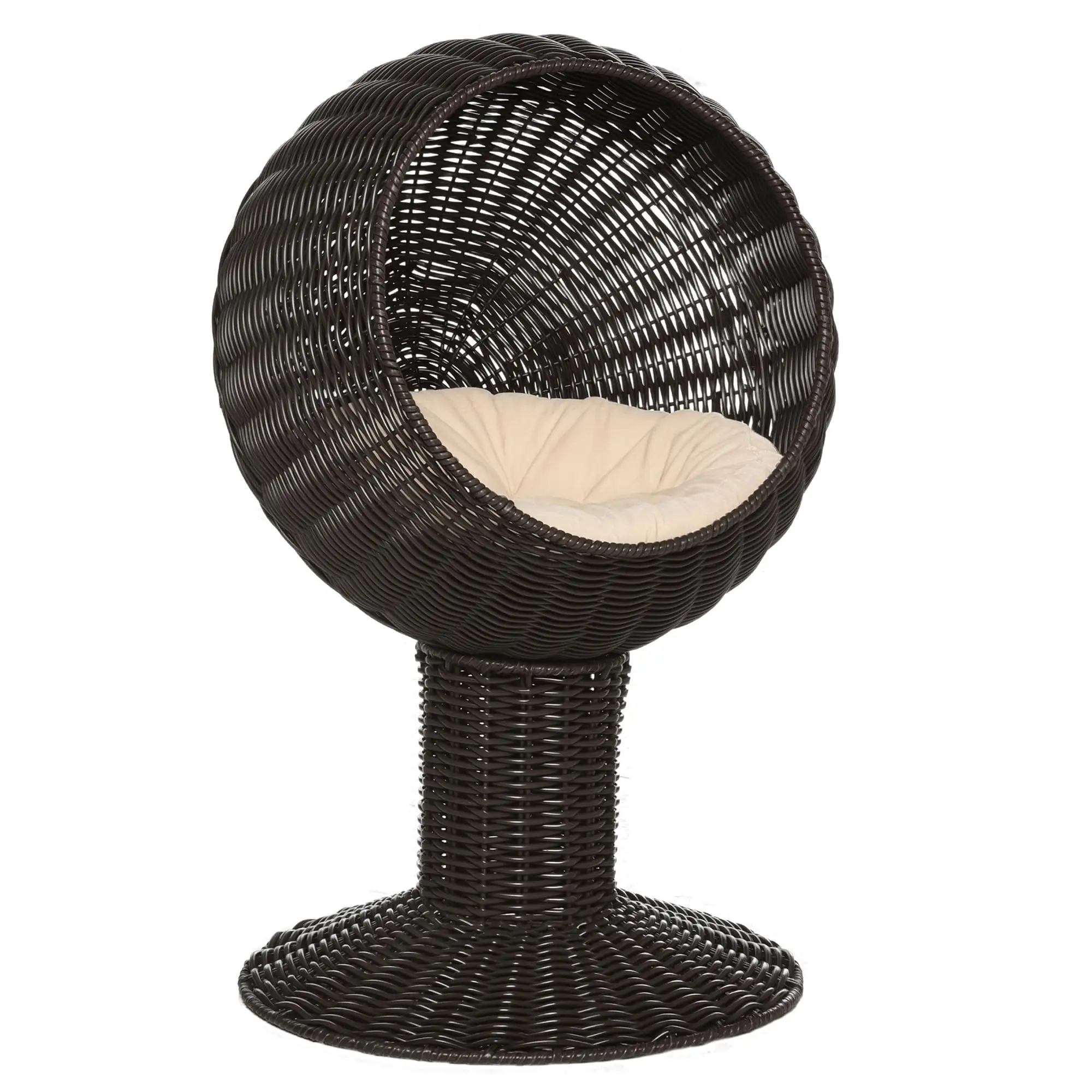 Elevated Cat Bed with Rotatable Egg Chair Pod, Cat Basket Bed with Thick Cushion, Natural Mat Grass Woven Kitty House