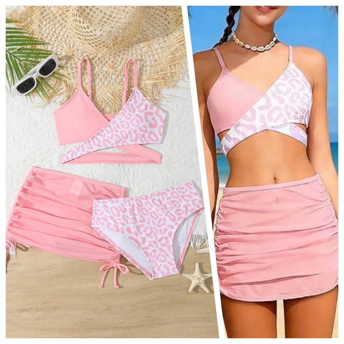 

2026 3pcs Girl's Swimsuit Bikini Set with Beach Skirt Halter Triangle Bathing Suit for Ages 8-12 Summer Outfits Girls Swimwear