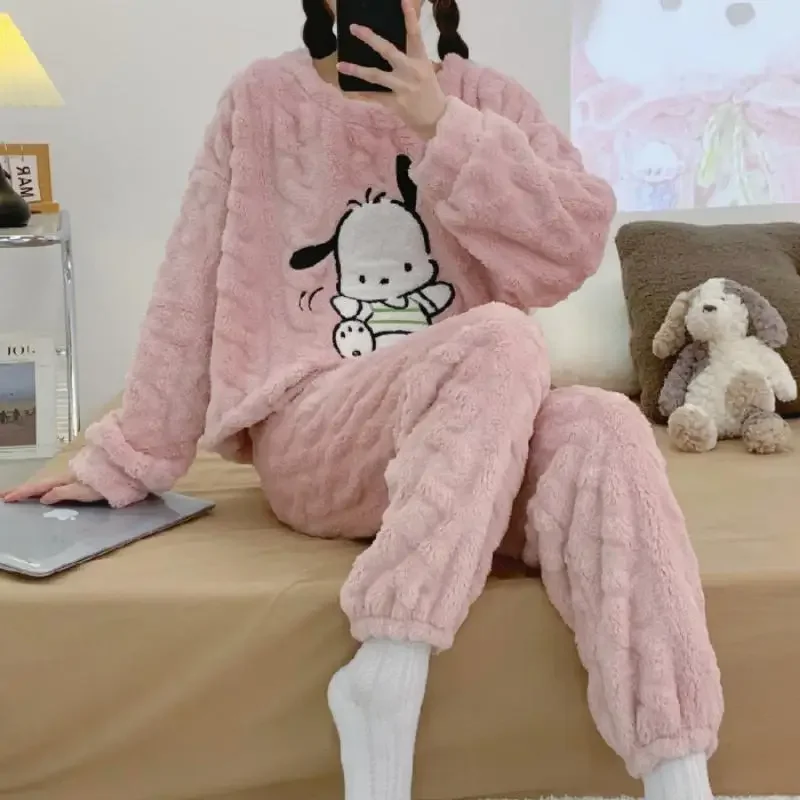 Kawaii Plush Pajama Set Sanrioed Anime Homewear Women Home Clothes Winter Cartoon Thicken Long Sleeves Pants Girls Warm