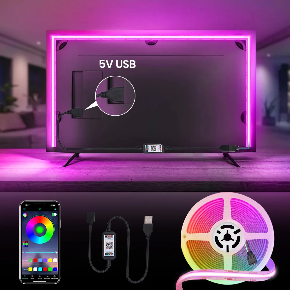 RGB COB LED Strip Light 5V USB Bluetooth APP Remote Control High Density Flexible FOB Led Light 576 LED Ribbon Tape TV Backlight