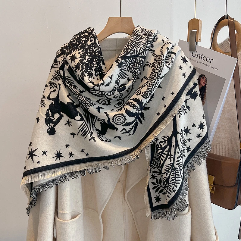 

Зимний кашемировый шарф люксового бренда 2025 года — женская шаль из пашмины с акварельным принтом и кисточками, платок и пончо