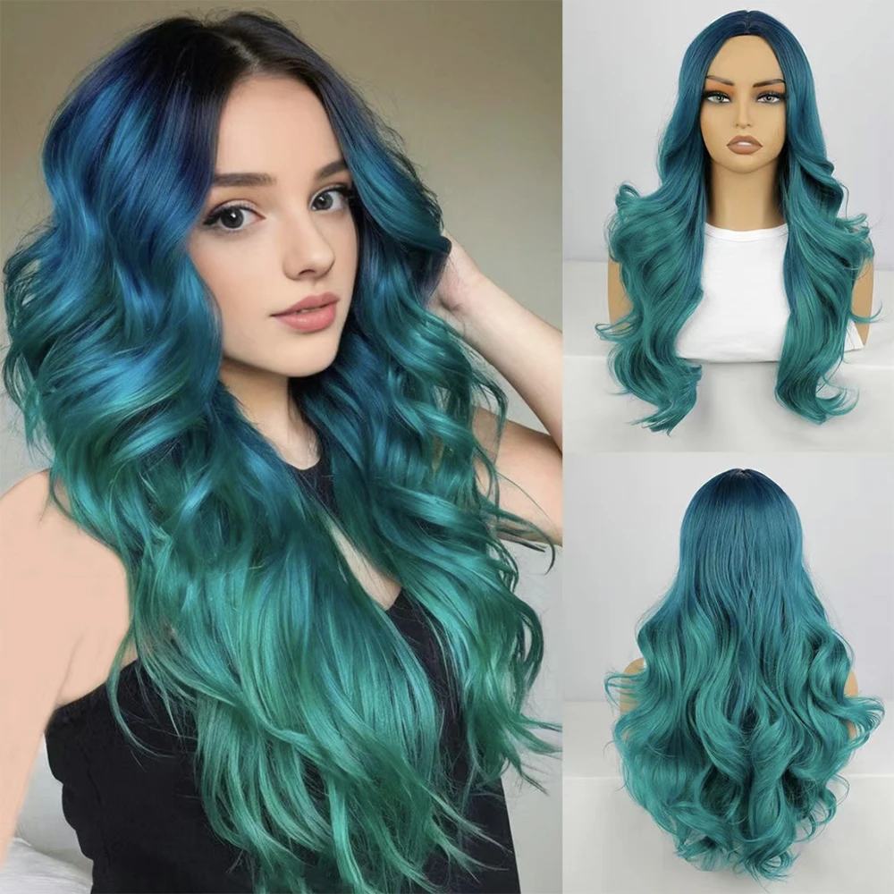 

Front lace wig with dark green peacock blue color, long curly hair in a middle part with wave style, synthetic hair