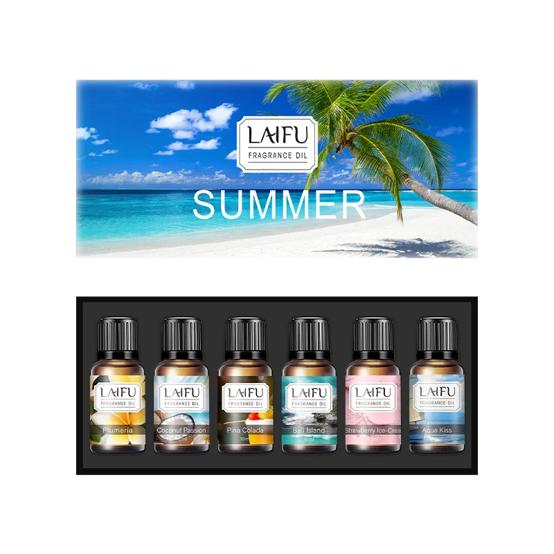 

6x10mL Summer Essential Oils Set for Diffuser, Aromatherapy & Candle Making - Tropical Scents - Relaxation & Gift Idea