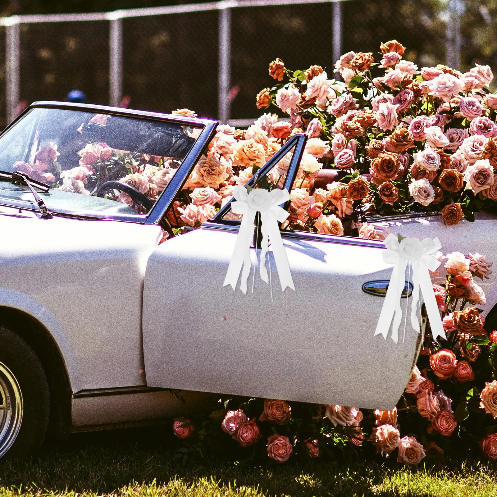 

4pcs Wedding Car Bow Decoration White Polyester Floral Ribbon Artificial Flowers For Bridal Chairs Event Spaces Ribbons Wedding