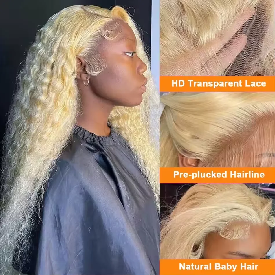 200%高密度613ブロンドディープウェーブ13x4 HD透明レースフロントウィッグ人毛プレプラッキングブロンドウィッグ女性用