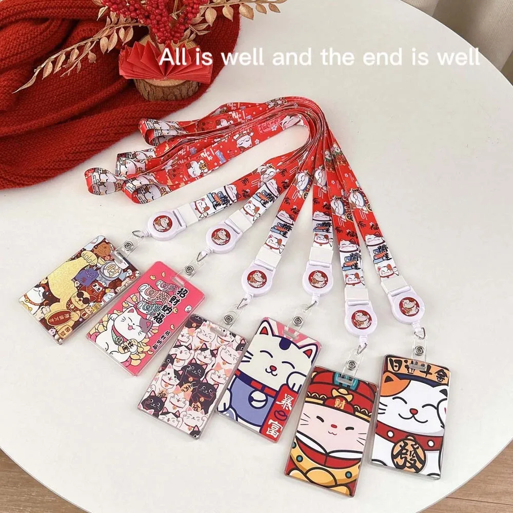 Portatarjetas Maneki Neko de cuerda larga, estuche para tarjetas de dibujos animados Maneki Neko, funda para tarjetas de gato de la suerte para estudiantes, colgante con hebilla retráctil