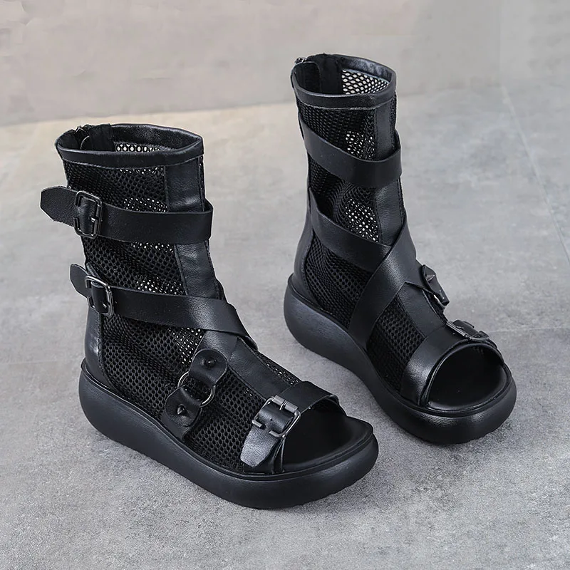 DRKANOL Fashion Women Wedges Sandals Summer Air Mesh Cool Boots Ladies Genuine Leather Open Toe Platform Gladiator Sandals Black