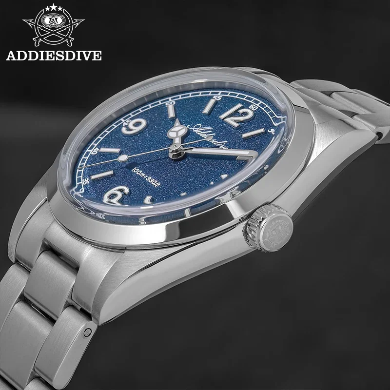 ADDIESDIVE 36mm AD2518 남성용 시계 316L 스테인리스 스틸 버블 미러 글라스 10Bar 다이빙 쿼츠 시계