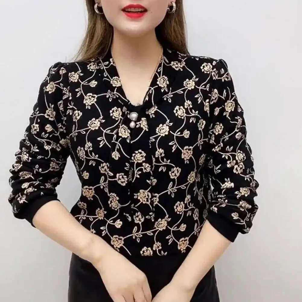 Strappy V-neck Women Top Stylish Women's V-neck Tie Shirt with Long Sleeves Faux Pearl Detailing Loose Fit Blouse Plus Size