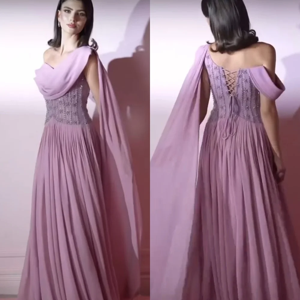 

Customized Sizes Available Chiffon Sequined Pleat A-line Off-the-shoulder Long Dresses Bespoke Occasion Sexy