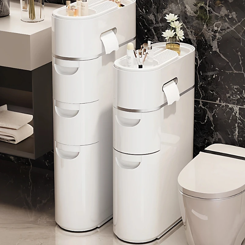 Clear Drawer Bathroom Storage Cabinet,Water-Resistant Multilayer Organizer with Wheels for Toilet,Slim Space-Saving Vanity