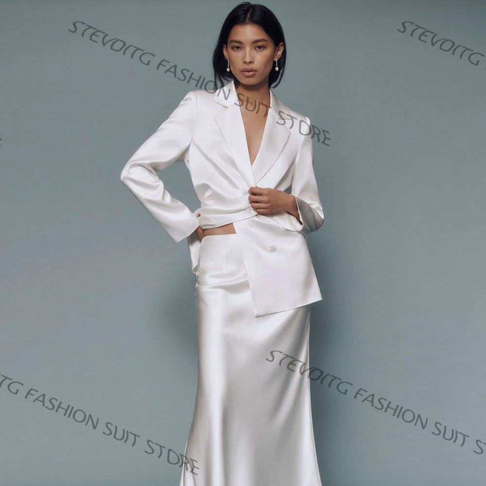 

White Satin Women's Suit Elegant 2 Piece Set Single Breasted Jacket+Midi Skirt for Wedding Party Bridal & Formal Events