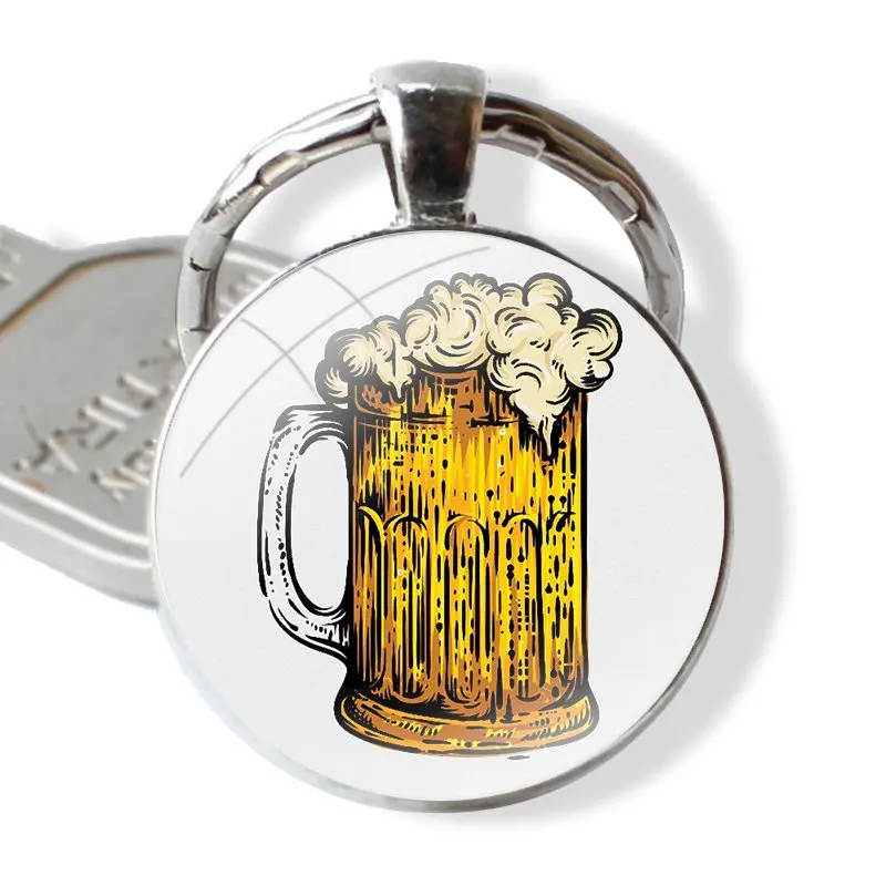 Keychain Handmade Glass Cabochon Key Ring Holder Pendant Key Chains for man beer mug with foam