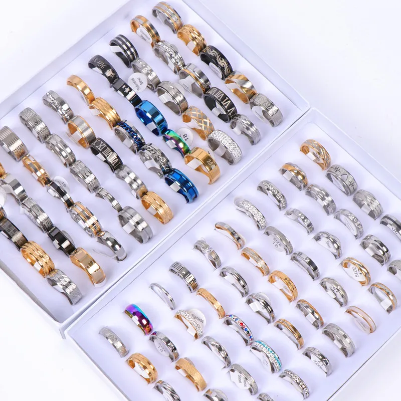 Pack of 50pcs Different Style Mens Women's Fashion Stainless Steel Jewelry Rings For Gift With Box