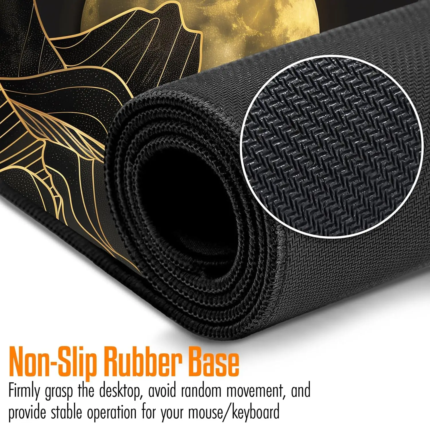 لوحة ماوس الرسوم المتحركة اليابانية باللونين الأسود والذهبي - سجادة مكتب مقاومة للماء وغير قابلة للانزلاق مع حواف مخيطة